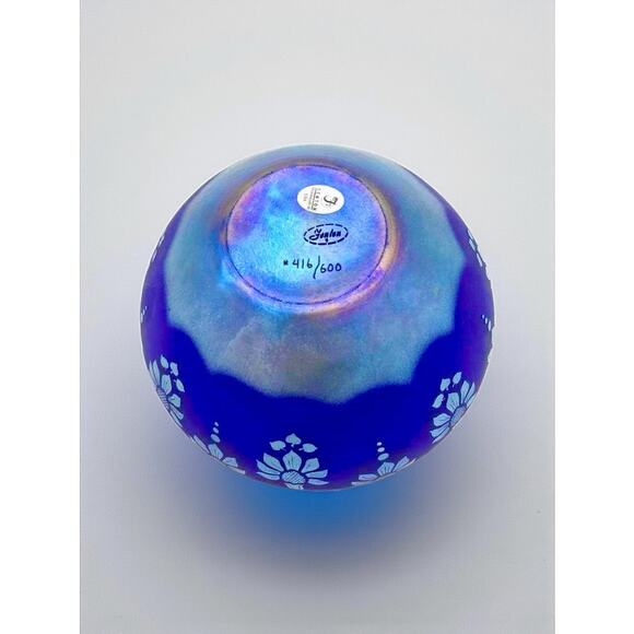 Fenton Favrene Satin Sunflower Vase-Limited Edition-Blue Art Glass-Etched-Cobalt - Picture 2 of 7